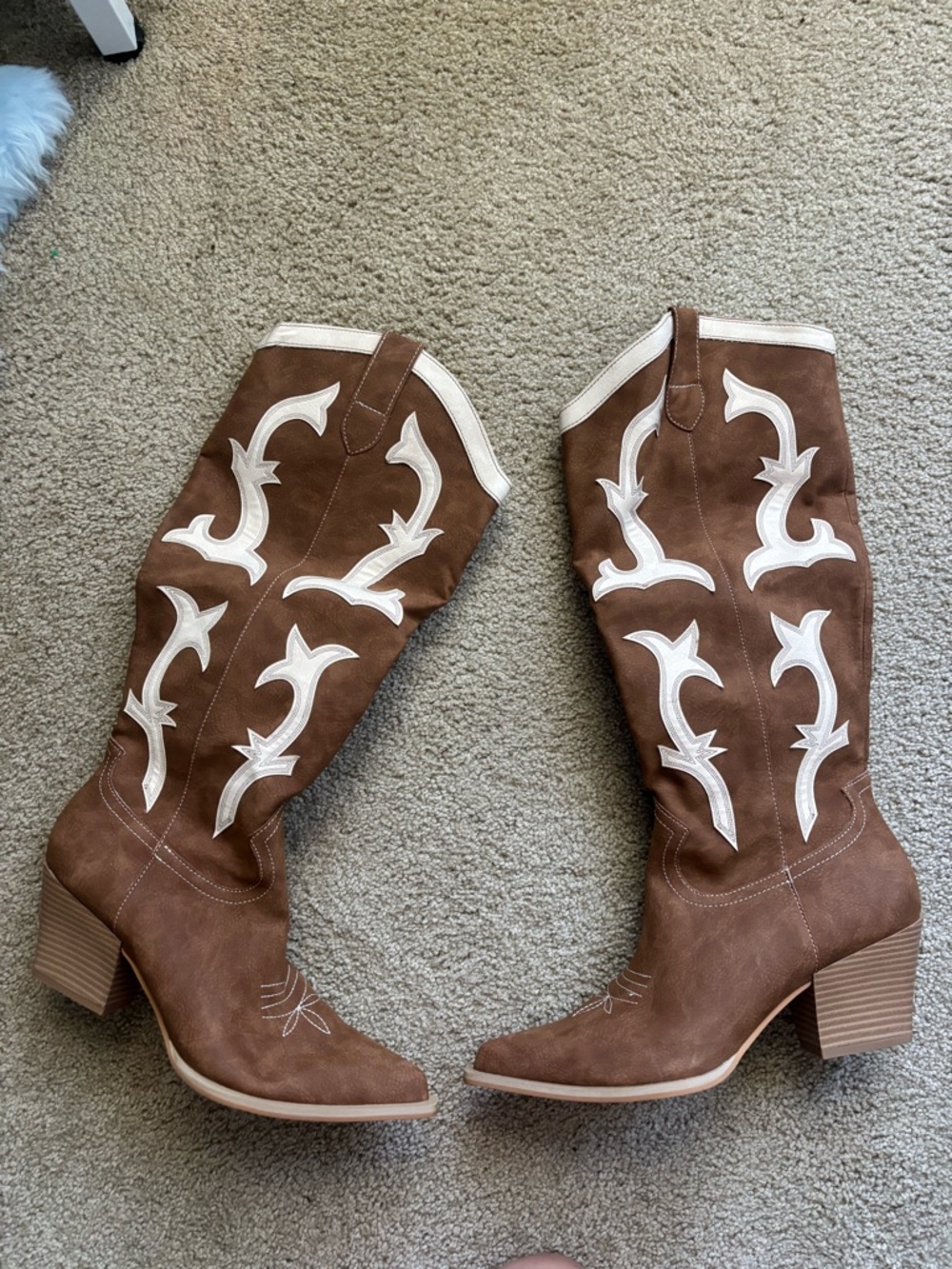 Oasis Society Brown Suede Western Knee-High Boots with White Stitching